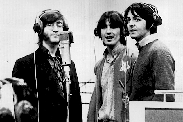 The Beatles recording vocal harmonies around a single condenser mic. The Beatles recording vocal harmonies around a single condenser mic.